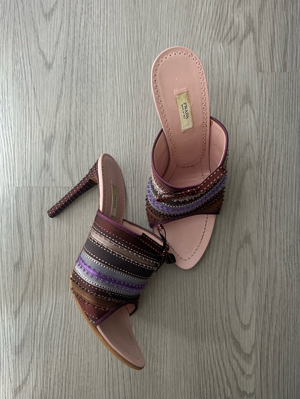 Prada Multicolor Strappy Leather Stiletto Mules - Pink Insole
